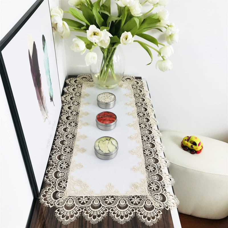 BrekSdat Rectangle Table Runner Beige Embroidered Lace 16 x 35 Inches Wedding Dining Table Dresser Scarf with Carnation Lace Fabric Washable for Kitchen Coffee End