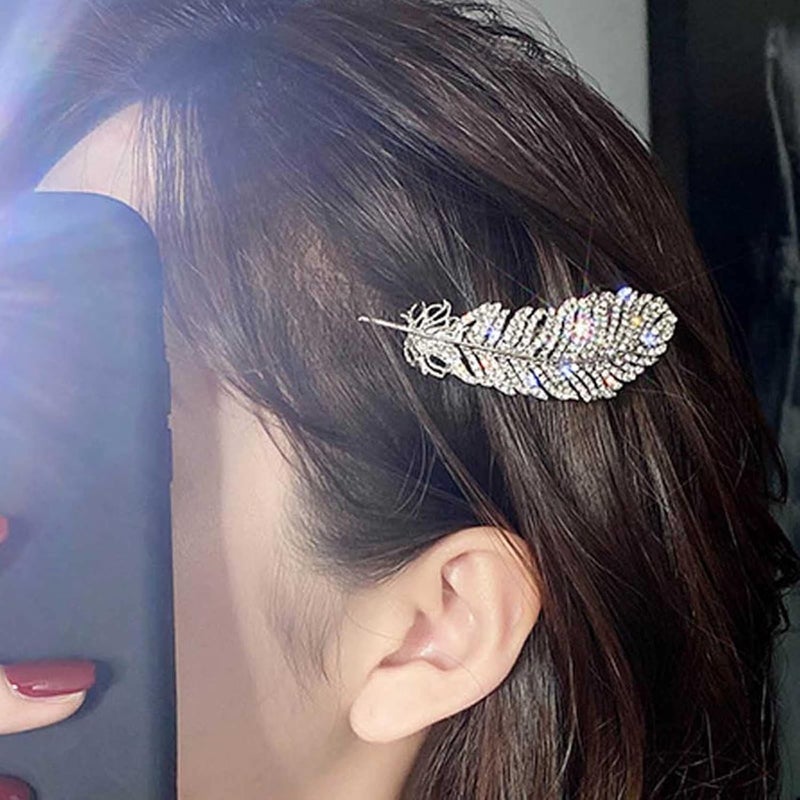 YienDoo YienDoo Crystal Feather Hair Clip Barrette Silver Sparkling Rhinestone Feather Hairpin Barrette NonSlip Elegant Duckbill Clip Bridal Barrettes Head Clip Wedding Headwear Accessories for Women Girls