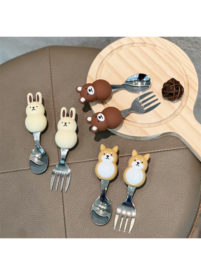 Cute Short-handled Animal Bear Baby Feeding Spoon Fork 304 Stainless Steel Portable Cutlery Set Training Spoon Fork-Specifications:Rabbit Fork - Image 4
