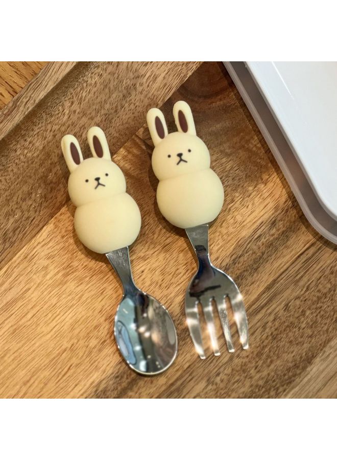Cute Short-handled Animal Bear Baby Feeding Spoon Fork 304 Stainless Steel Portable Cutlery Set Training Spoon Fork-Specifications:Rabbit Fork - Image 1
