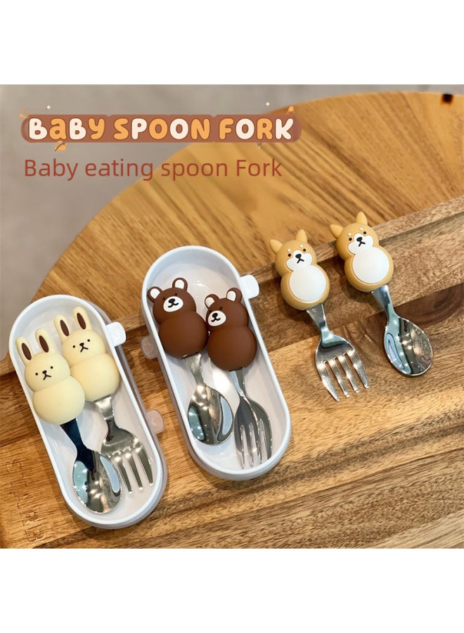 Cute Short-handled Animal Bear Baby Feeding Spoon Fork 304 Stainless Steel Portable Cutlery Set Training Spoon Fork-Specifications:Rabbit Fork - Image 2