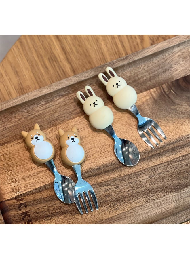 Cute Short-handled Animal Bear Baby Feeding Spoon Fork 304 Stainless Steel Portable Cutlery Set Training Spoon Fork-Specifications:Rabbit Fork - Image 3