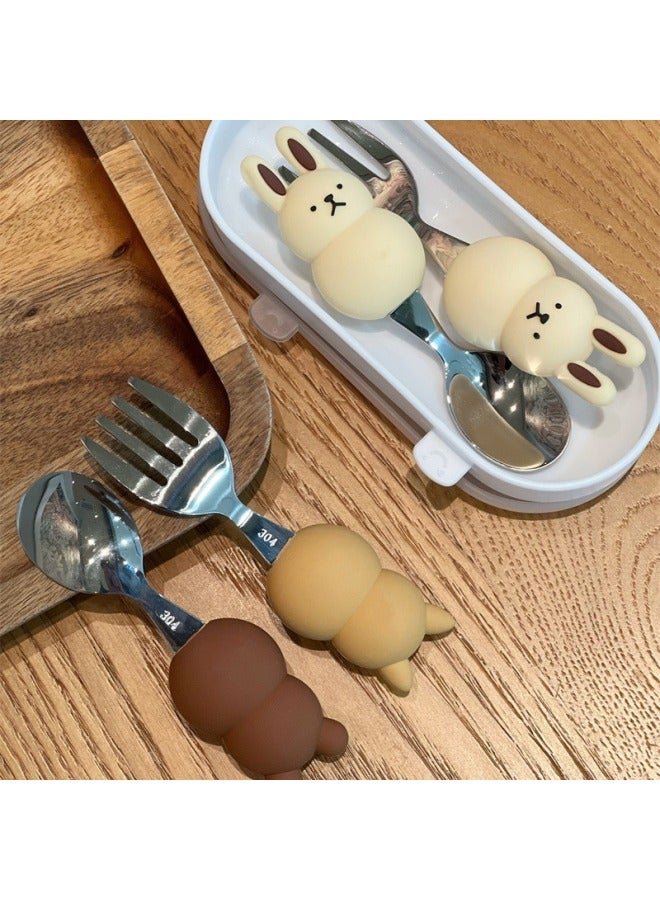 Cute Short-handled Animal Bear Baby Feeding Spoon Fork 304 Stainless Steel Portable Cutlery Set Training Spoon Fork-Specifications:Rabbit Fork - Image 5