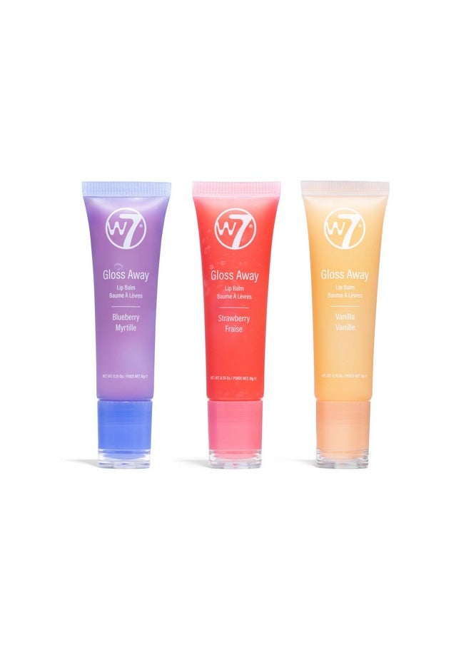 دبليو 7 - مجموعة هدايا مرطب الشفاه W7 Gloss Away Trio بزبدة الشيا ومستخلصات الفاكهة - يعيد ترطيب الشفاه المتشققة والجافة - نباتي وخالي من القسوة - بنكهة التوت الأزرق والفانيليا والفراولة - Image 1