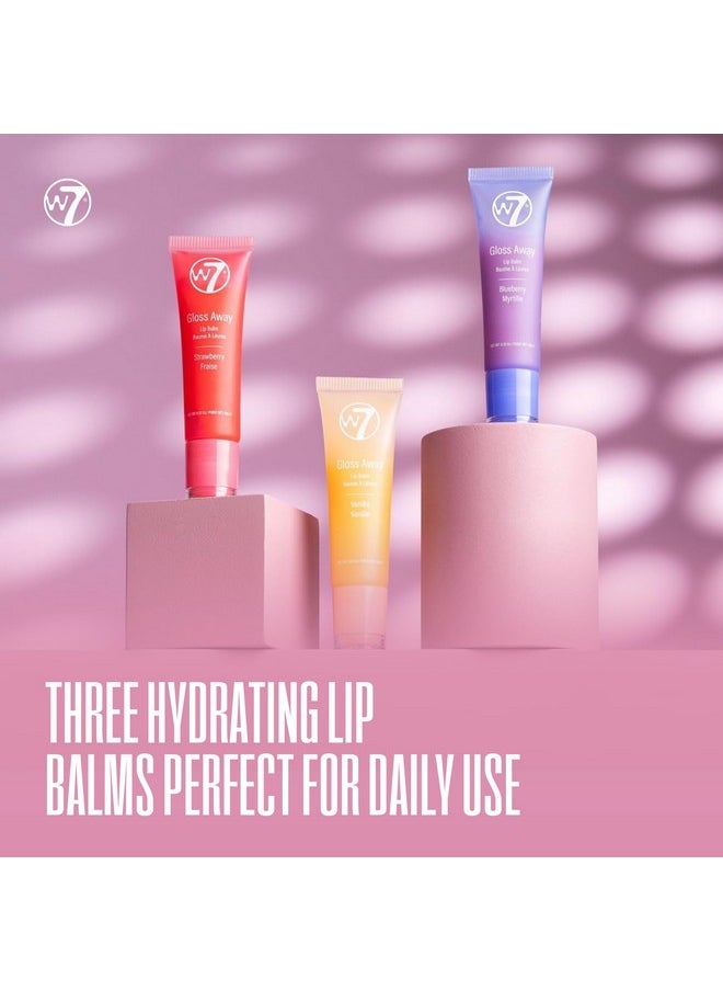 دبليو 7 - مجموعة هدايا مرطب الشفاه W7 Gloss Away Trio بزبدة الشيا ومستخلصات الفاكهة - يعيد ترطيب الشفاه المتشققة والجافة - نباتي وخالي من القسوة - بنكهة التوت الأزرق والفانيليا والفراولة - Image 1