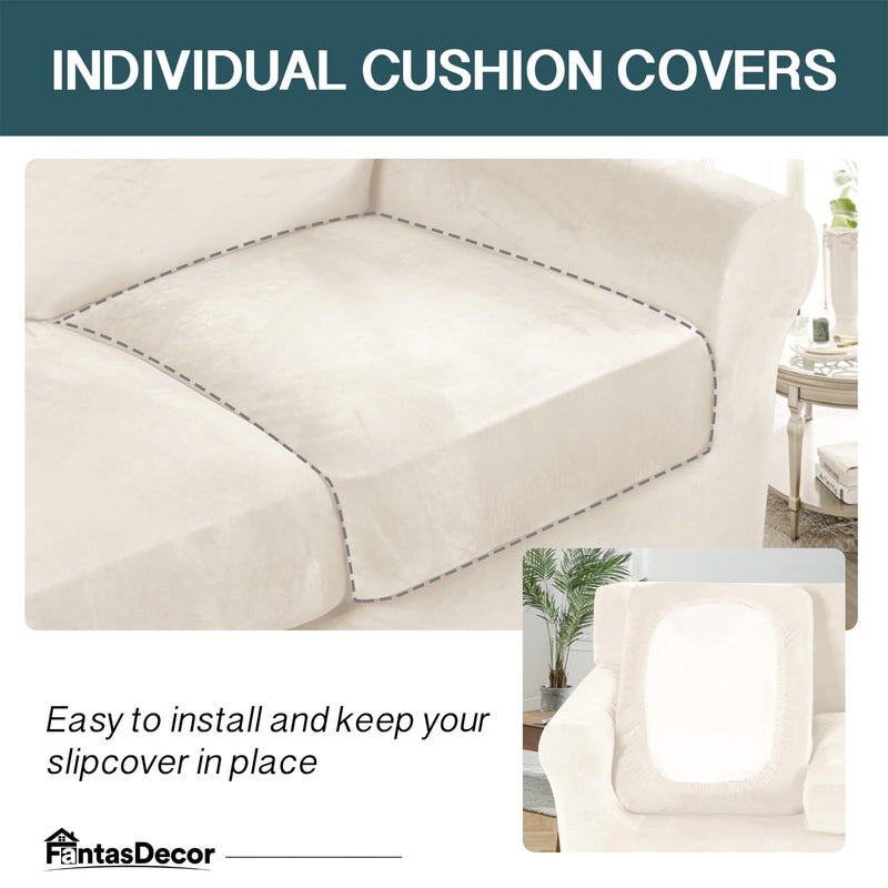 FantasDecor 4 Piece Sofa Velvet Couch Covers for 3 Cushion Stretch Slipcover with Individual Seat Cushion Elastic Furniture Protector for Pets, Machine Washable (Sofa, Ivory) - Image 4