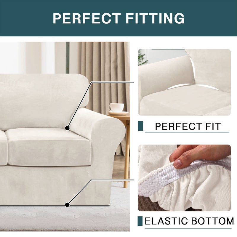 FantasDecor 4 Piece Sofa Velvet Couch Covers for 3 Cushion Stretch Slipcover with Individual Seat Cushion Elastic Furniture Protector for Pets, Machine Washable (Sofa, Ivory) - Image 5