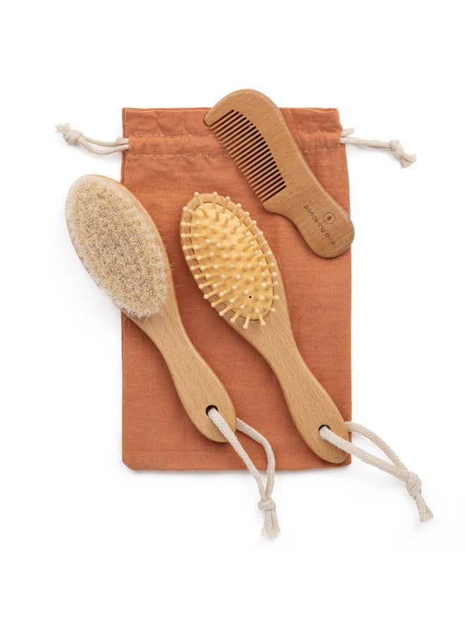 Pondering Pine Natural Baby Hair Brush Set - Wooden Brushes And Comb With Boho Travel Bag For Girl Or Boy - Soft Goat Hair Brush For Cradle Cap, Bamboo Toddler Hair Brush, Newborn Hairbrush For Scalp Grooming - Image 1