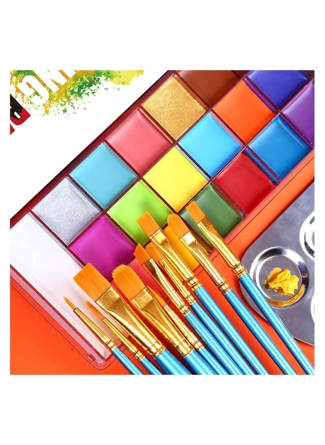 FLOWING - 20 Colors Body Face Paint Cosplay Makeup Palette Kit, Professional Face Painting Kit for Kids & Adults, Red Black White Special Effects Paints Palette for Halloween with 10 Brushes - Image 1