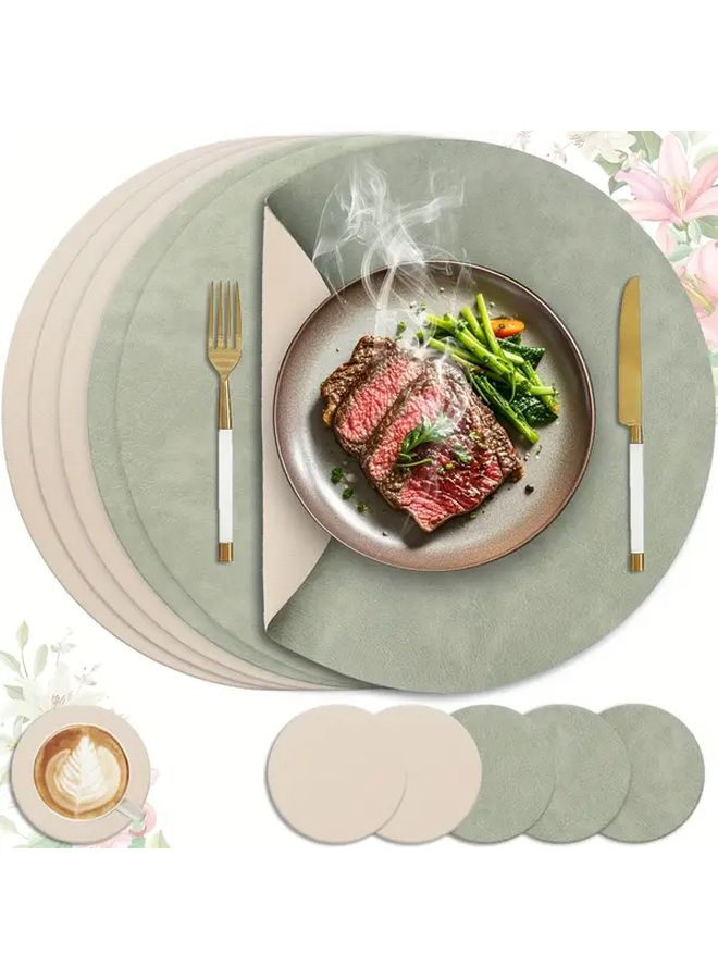12 Piece Set Premium Brown And Black PU Leather Placemat Set 14 Inch Round Faux Leather Table Mats And Coasters Heat Resistant Reversible Easy Clean For Dining Kitchen Outdoor Use - Image 2