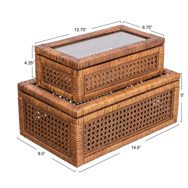 Creative Co-Op Modern Decorative Rectangle Woven Rattan and Wood Display Boxes with Glass Top, Set of 2 Sizes, Dark Brown Finish, Rectangular - Image 2