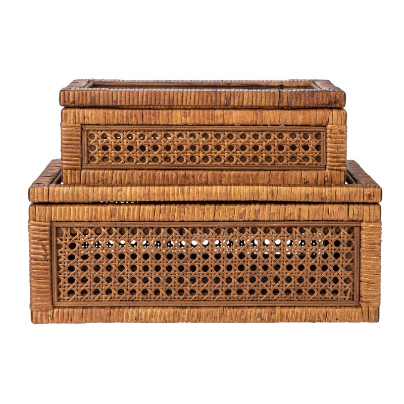 Creative Co-Op Modern Decorative Rectangle Woven Rattan and Wood Display Boxes with Glass Top, Set of 2 Sizes, Dark Brown Finish, Rectangular - Image 4