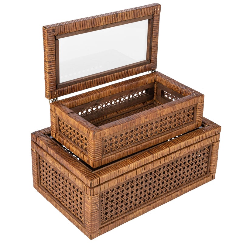 Creative Co-Op Modern Decorative Rectangle Woven Rattan and Wood Display Boxes with Glass Top, Set of 2 Sizes, Dark Brown Finish, Rectangular - Image 3