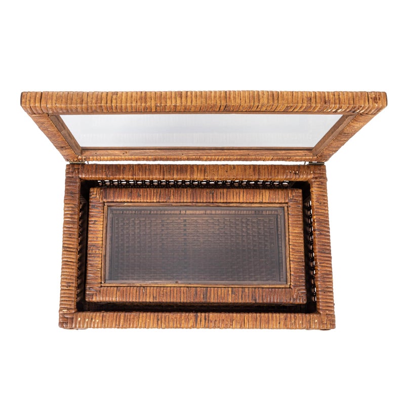 Creative Co-Op Modern Decorative Rectangle Woven Rattan and Wood Display Boxes with Glass Top, Set of 2 Sizes, Dark Brown Finish, Rectangular - Image 5
