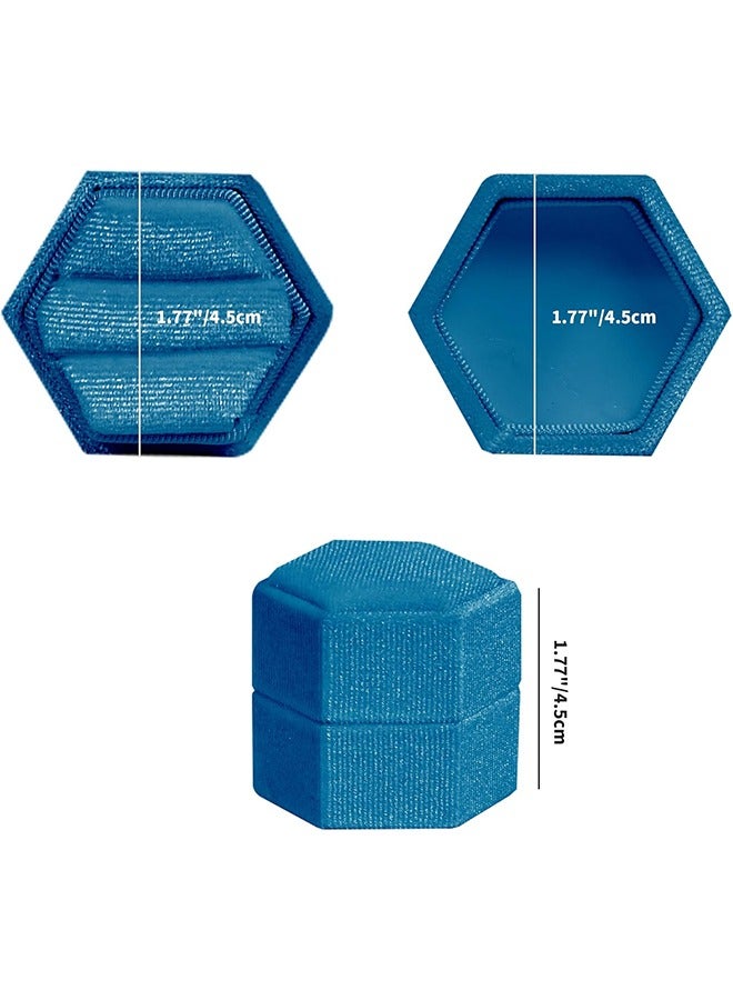 HY Velvet 2 Slots Jewelry Ring Box, Hexagon Premium Gorgeous Vintage Double Ring Gift Box with Detachable Lid for Wedding Ceremony Proposal Engagement (Peacock-Blue) - Image 3