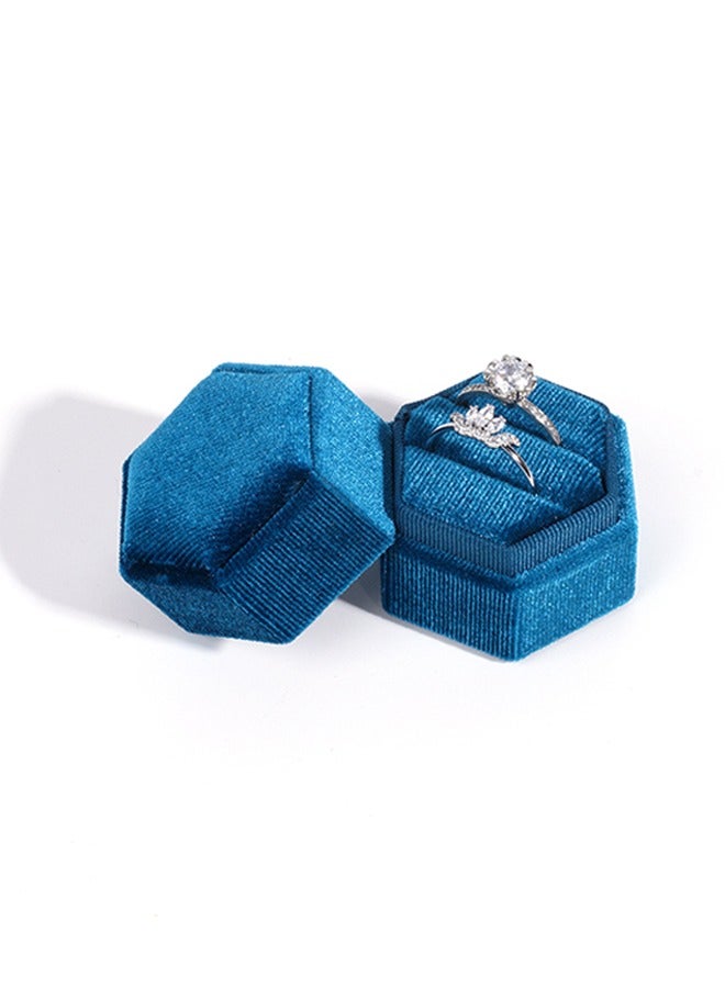 HY Velvet 2 Slots Jewelry Ring Box, Hexagon Premium Gorgeous Vintage Double Ring Gift Box with Detachable Lid for Wedding Ceremony Proposal Engagement (Peacock-Blue) - Image 1