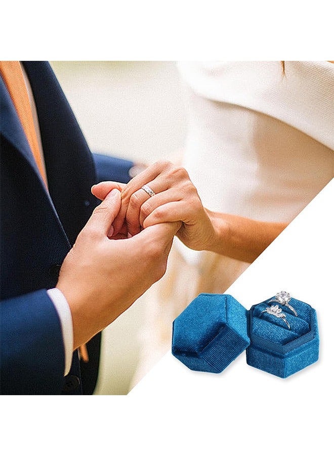 HY Velvet 2 Slots Jewelry Ring Box, Hexagon Premium Gorgeous Vintage Double Ring Gift Box with Detachable Lid for Wedding Ceremony Proposal Engagement (Peacock-Blue) - Image 4