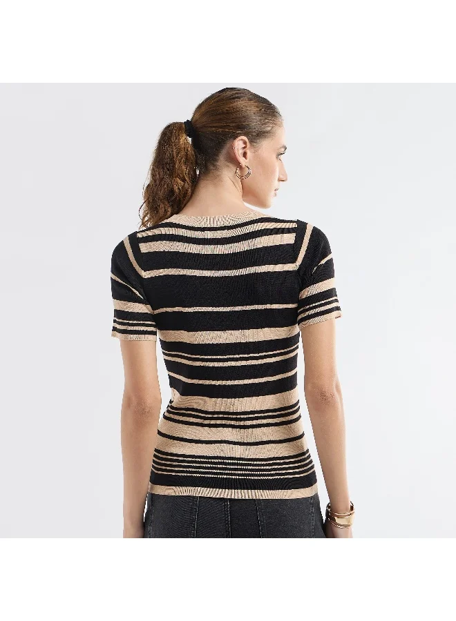 Splash FAV Striped Round Neck T-shirt with Short Sleeves