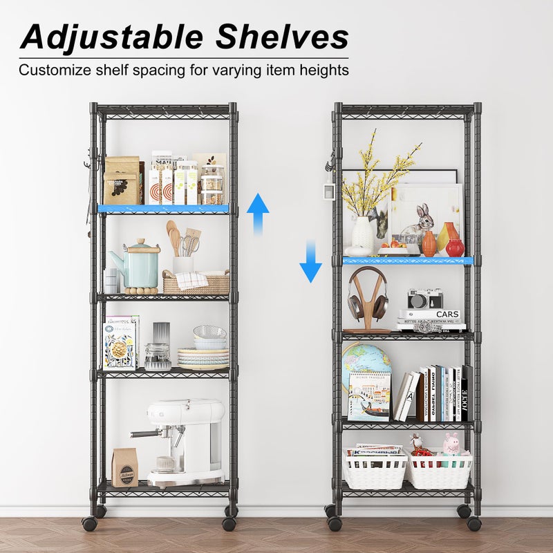 Homdox 5 Tier Wire Shelving Unit on Wheels, Adjustable Storage Racks and Shelving, Heavy Duty Rolling Metal Shelves with Side Hooks for Laundry Bathroom Kitchen Garage Pantry Organization, Black - Image 3