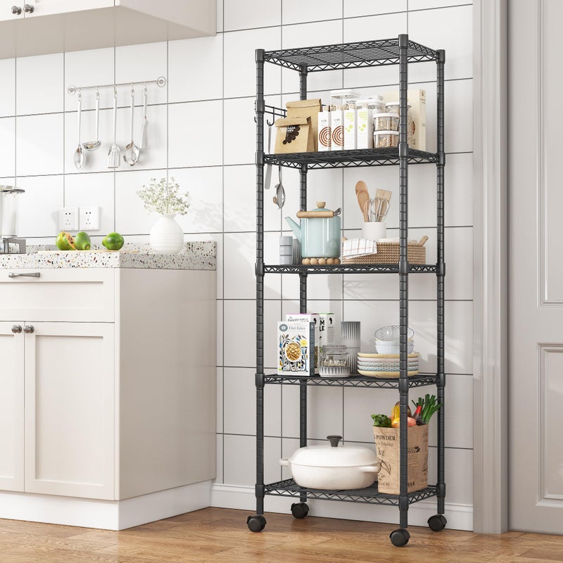 Homdox 5 Tier Wire Shelving Unit on Wheels, Adjustable Storage Racks and Shelving, Heavy Duty Rolling Metal Shelves with Side Hooks for Laundry Bathroom Kitchen Garage Pantry Organization, Black - Image 2