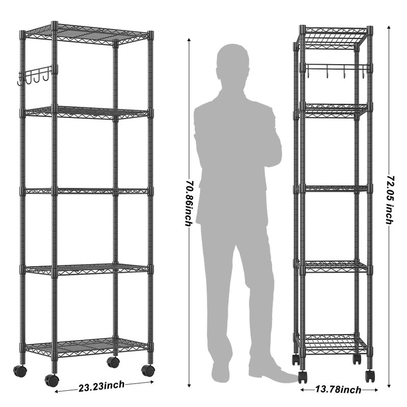 Homdox 5 Tier Wire Shelving Unit on Wheels, Adjustable Storage Racks and Shelving, Heavy Duty Rolling Metal Shelves with Side Hooks for Laundry Bathroom Kitchen Garage Pantry Organization, Black - Image 4