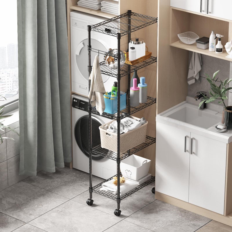 Homdox 5 Tier Wire Shelving Unit on Wheels, Adjustable Storage Racks and Shelving, Heavy Duty Rolling Metal Shelves with Side Hooks for Laundry Bathroom Kitchen Garage Pantry Organization, Black - Image 5