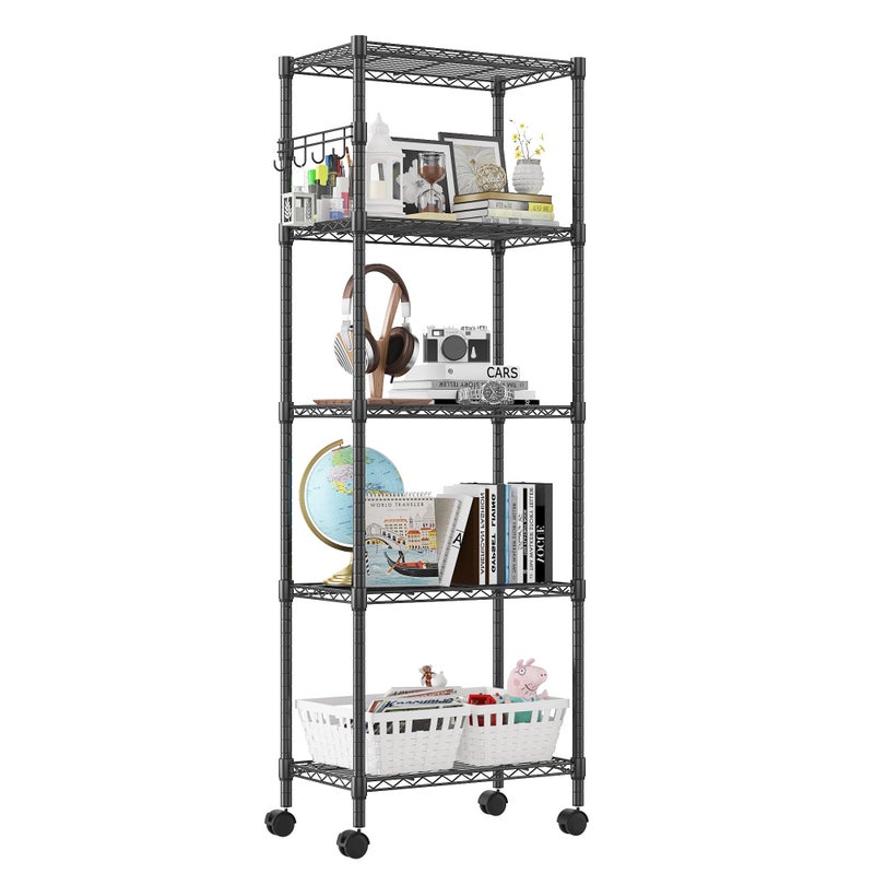 Homdox 5 Tier Wire Shelving Unit on Wheels, Adjustable Storage Racks and Shelving, Heavy Duty Rolling Metal Shelves with Side Hooks for Laundry Bathroom Kitchen Garage Pantry Organization, Black - Image 1