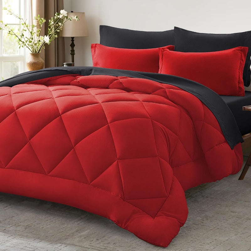 Anluoer Queen Comforter Set -7 Pieces Bed in a Bag Queen Size, Reversible Bed Set with 1 Comforter(88"*88"), 2 Pillow Shams, 2 Pillowcases, 1 Flat Sheet, 1 Fitted Sheet, Red & Black - Image 1