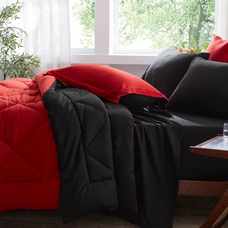 Anluoer Queen Comforter Set -7 Pieces Bed in a Bag Queen Size, Reversible Bed Set with 1 Comforter(88"*88"), 2 Pillow Shams, 2 Pillowcases, 1 Flat Sheet, 1 Fitted Sheet, Red & Black - Image 3