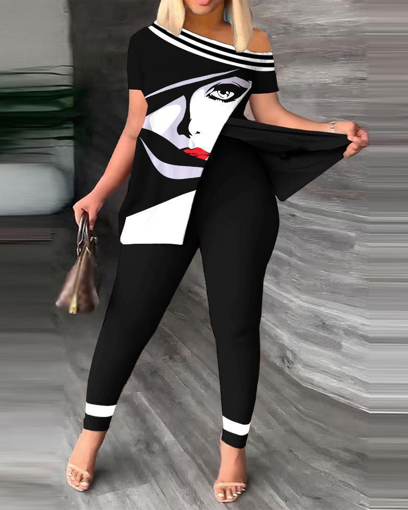 2026 Autumn European and American Women's Fashion Two-Piece Set with Slanted Neckline and Printed Pants