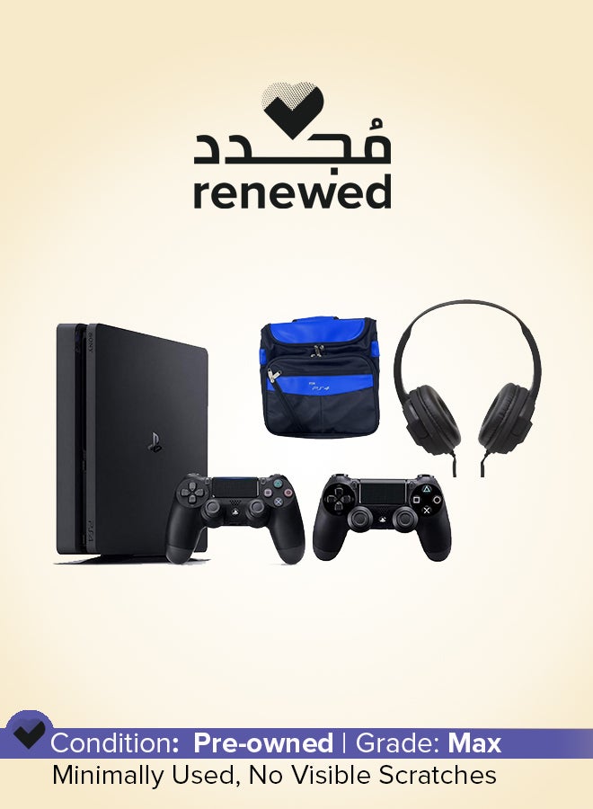 سوني مجدد - وحدة تحكم سوني بلاي ستيشن 4 سليم 500 جيجابايت باللون الأسود مع 2 وحدة تحكم لاسلكية، 2 قرص لعبة، سماعة ألعاب وحقيبة حمل - Image 1
