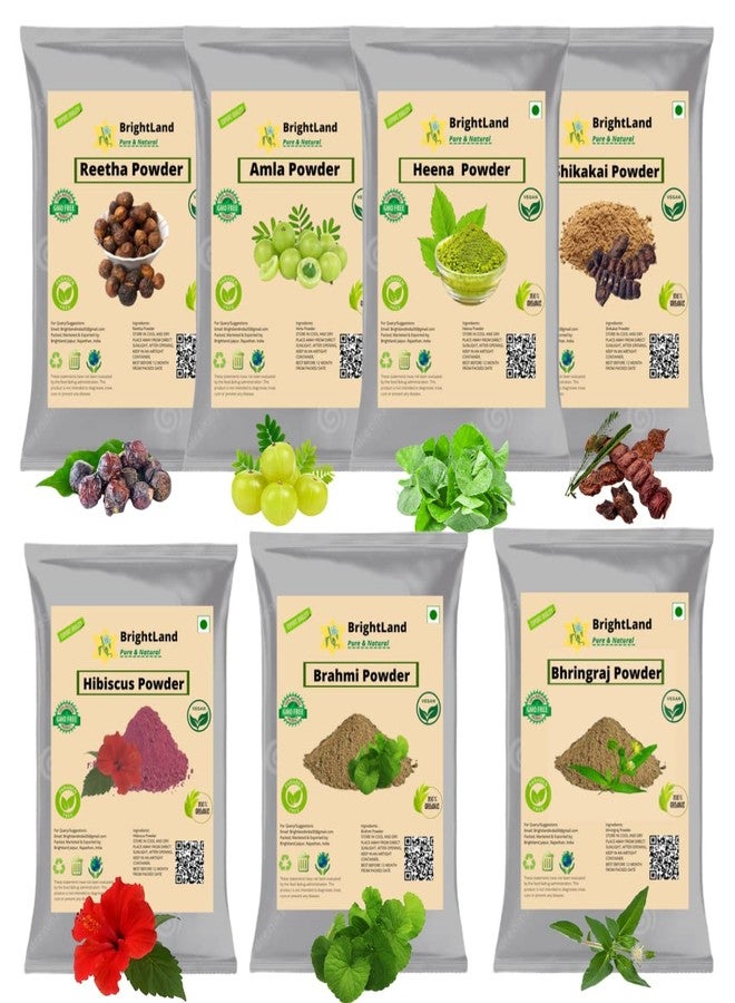 Brightland Bio Organic Amla Reetha Shikakai Hibiscus Bhringraj Heena Heena powder for Hair & Skin Care | Hair Growth & Natural Hair Shampoo | Anti-Dandruff | Hair Pack (50 gm Each) 350gm - Image 1