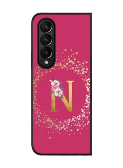 Rugged Black edge case for Samsung Galaxy Z Fold4, Soft Flexible Phone case Custom Monogram Initial Letter Floral Pattern Alphabet - N (Dark Pink Rose)