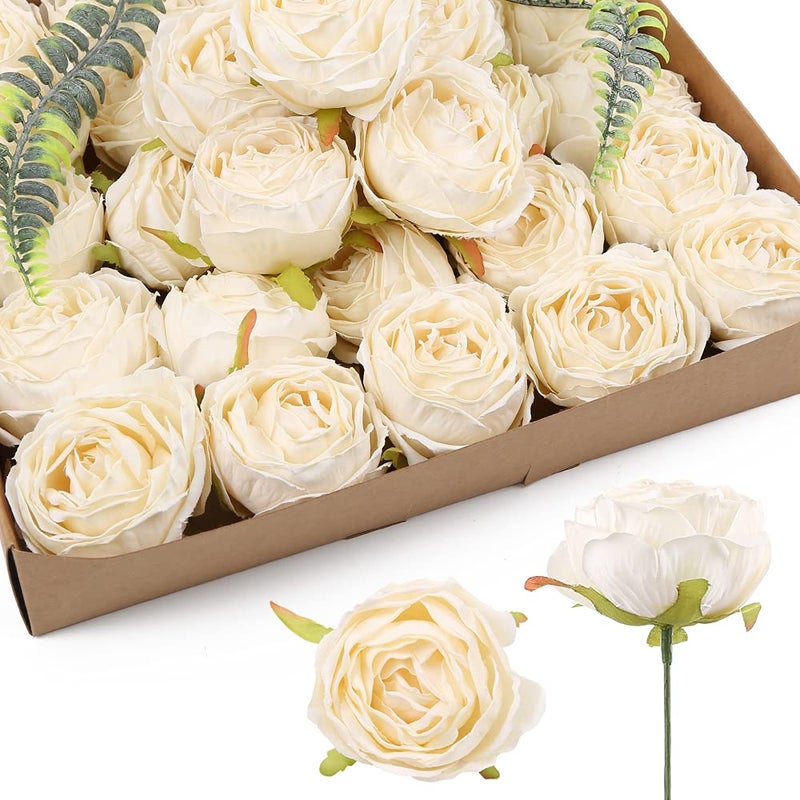 IPOPU White Roses Artificial Flowers Heads Bulk 25pcs Vintage Dried Flowers Artificial Rose Heads Silk Fake Rose for Wedding Centerpieces for Dining Table Decor Wall Flowers Decorations Off White