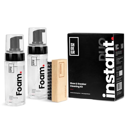 SHOEGR Instant Duo Shoe Cleaning Kit | 2×150ml Shoe Cleaning Foam & All-Purpose Shoe Cleaner Brush | White Shoes Cleaning Kit | Sneaker Cleaner Foam Spray for Sneakers & Sports Shoes - Image 1
