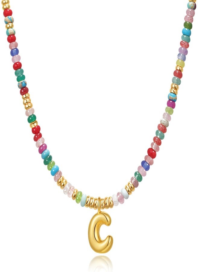 YOUFENG Initial Letter Necklaces for Women Colorful Beaded Gemstone Choker 14K Gold Plated Bubble Letter Pendant Necklace Natural Stone Handmade Jewelry Gift C - Image 1
