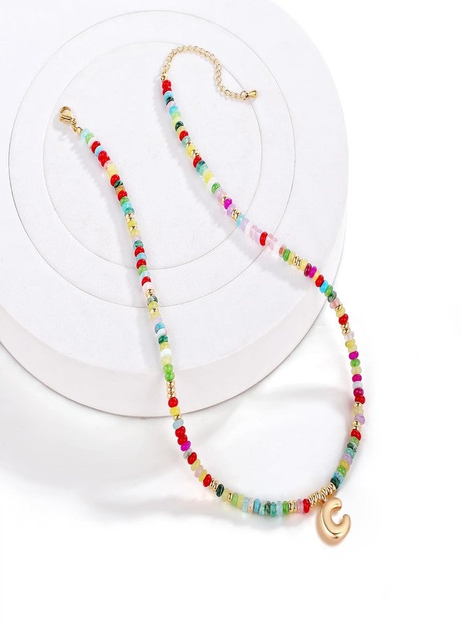 YOUFENG Initial Letter Necklaces for Women Colorful Beaded Gemstone Choker 14K Gold Plated Bubble Letter Pendant Necklace Natural Stone Handmade Jewelry Gift C - Image 2