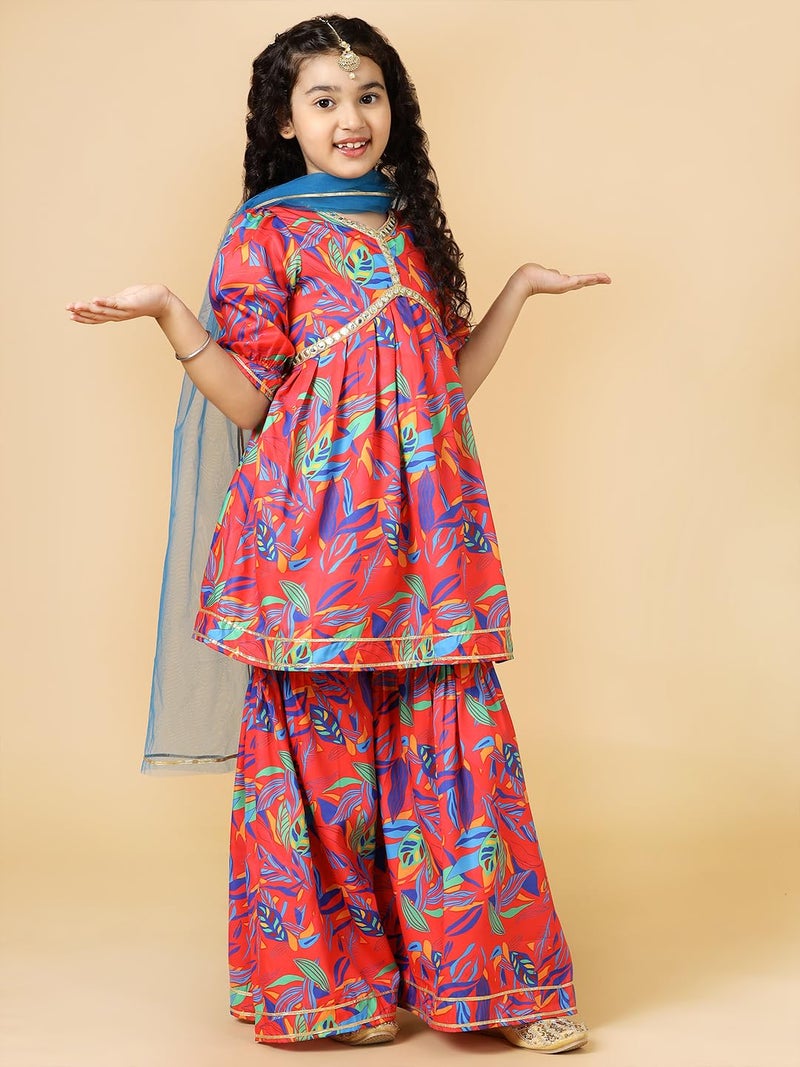 A.T.U.N. (ALL THINGS UBER NICE) Red Floral Printed Kurti, Sharara with Dupatta Set for Girls - Image 3