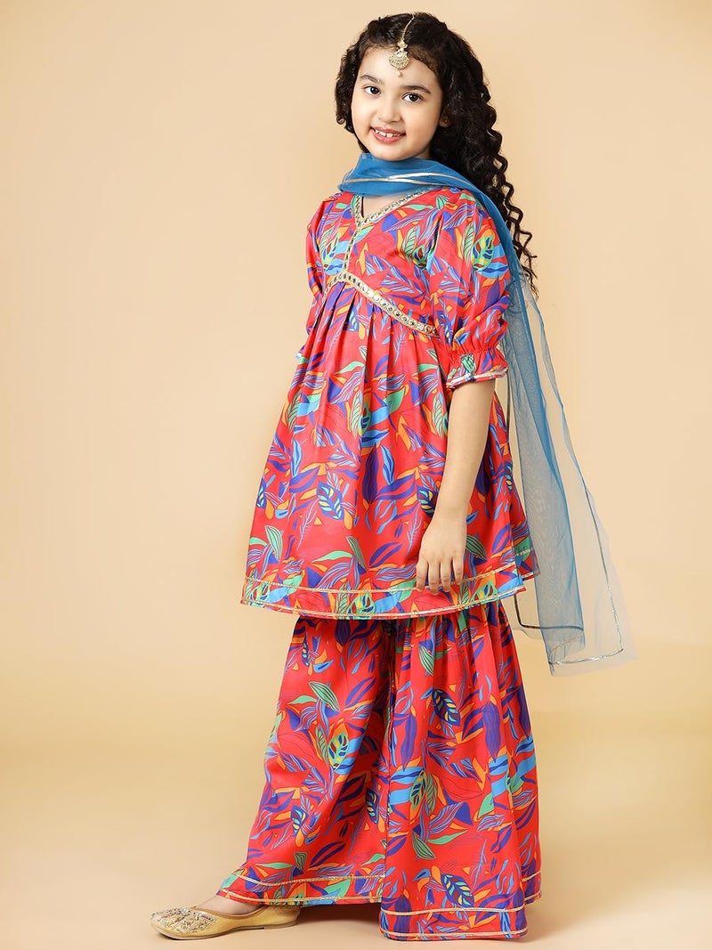 A.T.U.N. (ALL THINGS UBER NICE) Red Floral Printed Kurti, Sharara with Dupatta Set for Girls - Image 4