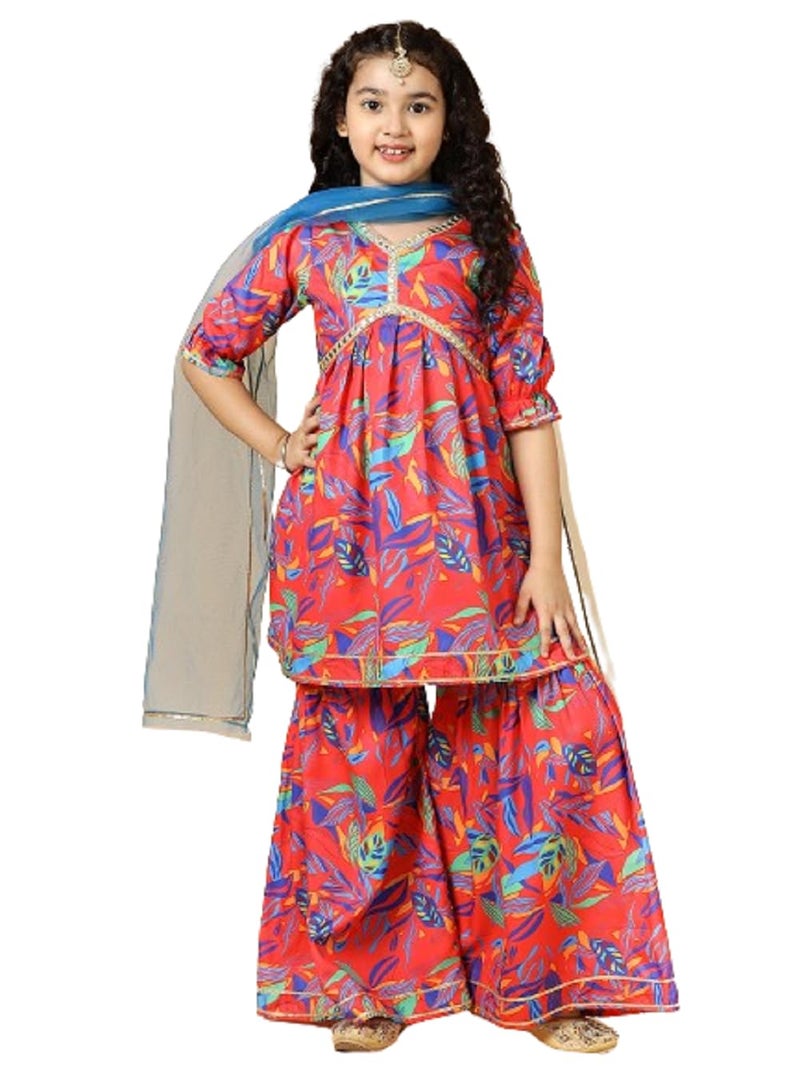 A.T.U.N. (ALL THINGS UBER NICE) Red Floral Printed Kurti, Sharara with Dupatta Set for Girls - Image 1