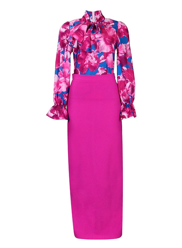 Shougu New Fashion Printed Strap Long Sleeve Shirt Half Skirt Long Skirt Cross border Two piece Set - Image 1