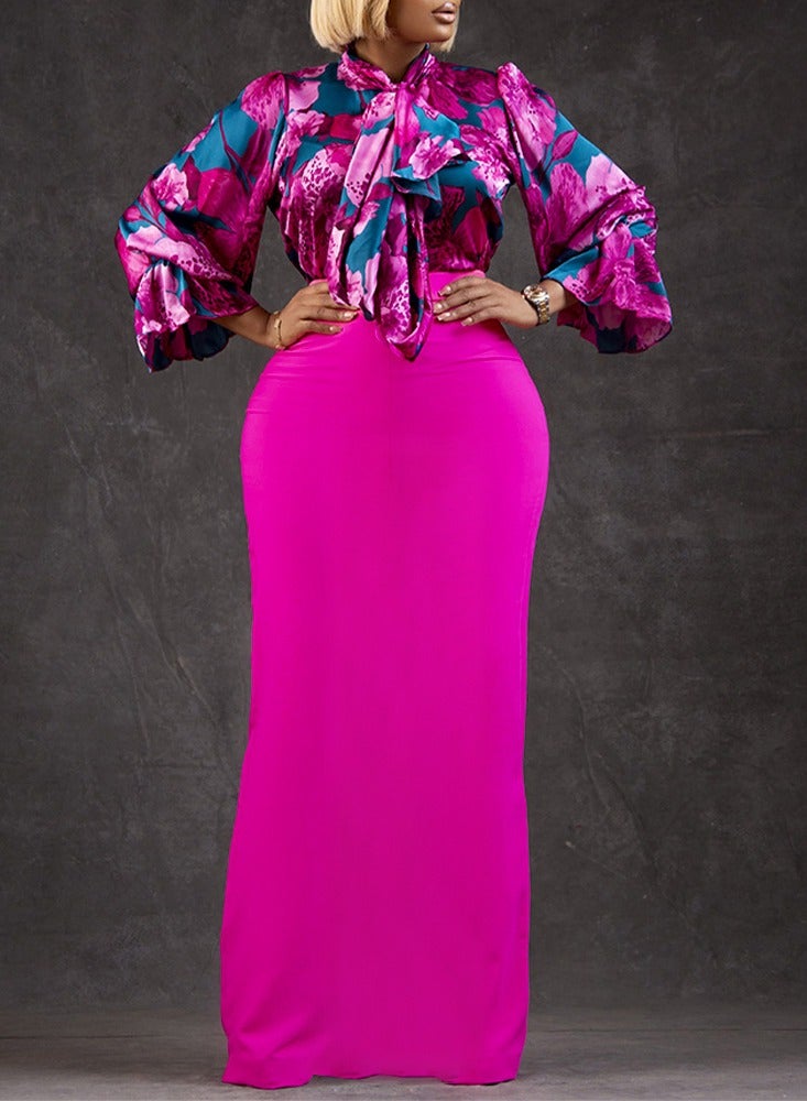 Shougu New Fashion Printed Strap Long Sleeve Shirt Half Skirt Long Skirt Cross border Two piece Set - Image 2