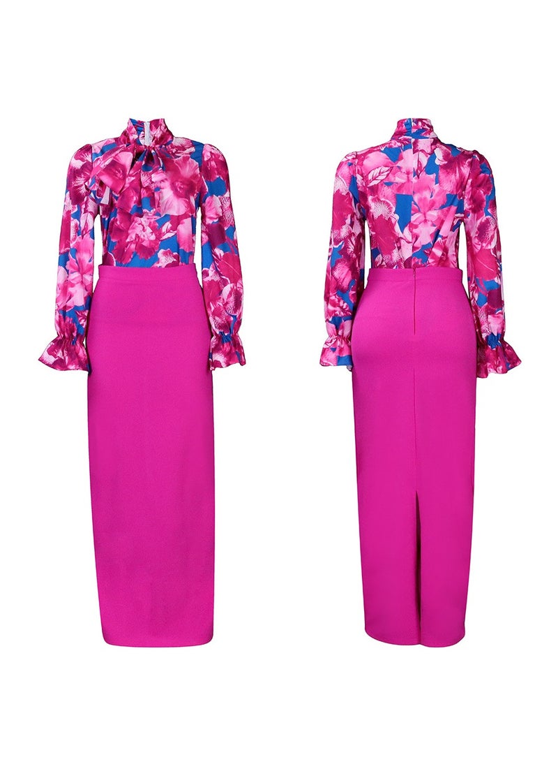 Shougu New Fashion Printed Strap Long Sleeve Shirt Half Skirt Long Skirt Cross border Two piece Set - Image 5