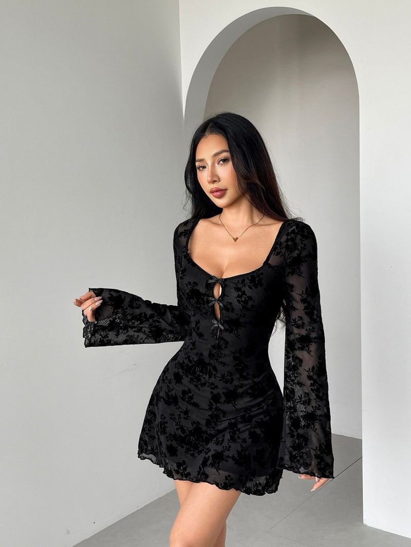Floral Embroidered Long Sleeve Bow Hollow Dress Women Autumn - Image 1