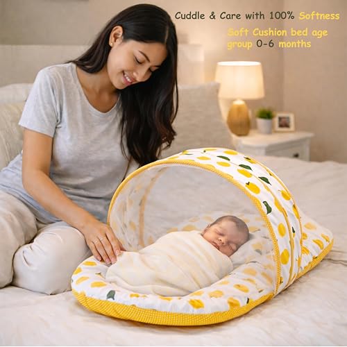 Fareto Combo of Baby Bed with Net | Carry Bag | 4 Pcs Bedding Set (0-6 Months, Baby Size, Cotton) (Lemon Yellow) - Image 2