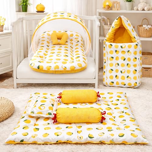 Fareto Combo of Baby Bed with Net | Carry Bag | 4 Pcs Bedding Set (0-6 Months, Baby Size, Cotton) (Lemon Yellow) - Image 1