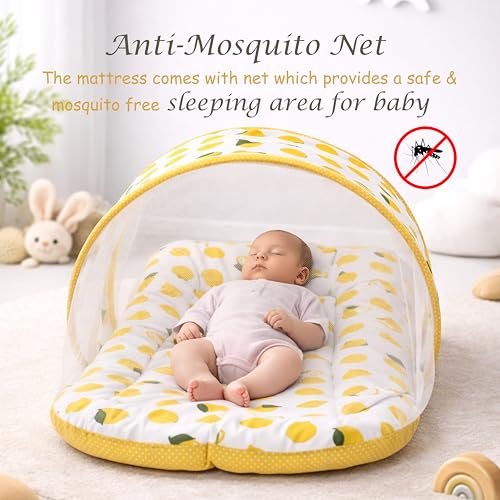 Fareto Combo of Baby Bed with Net | Carry Bag | 4 Pcs Bedding Set (0-6 Months, Baby Size, Cotton) (Lemon Yellow) - Image 5