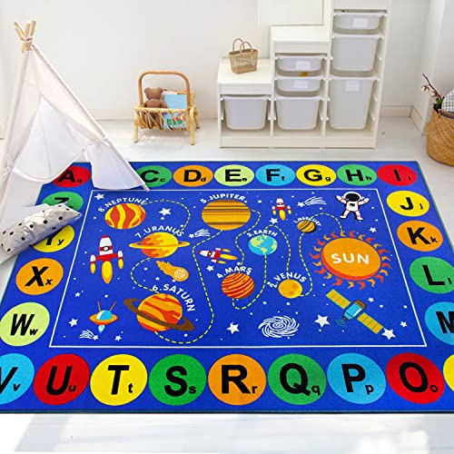 Capslpad ABC Alphabet Kids Rug Outer Space Educational Learning Area Rug 5'0" x 6'6" Non Slip Solar System Galaxy Planets Play Rug Carpet for Children - Image 1