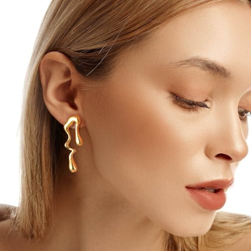 MPRAINBOW Womens Gold Studs Earrings, 14K Gold Plated Personality Big Stud Earring,Stainless Steel Hypoallergenic Ear Rings Trendy Jewelry,Christmas Birthday Gifts for Her Girlfriend Sister - Image 3