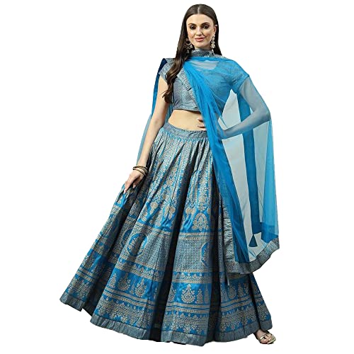 BIBA Women's Polyester Readymade Printed Flared Salwar Kurta Dupatta Lehenga Choli Set (Skdfestive 8367_Turquoise_42) - Image 1